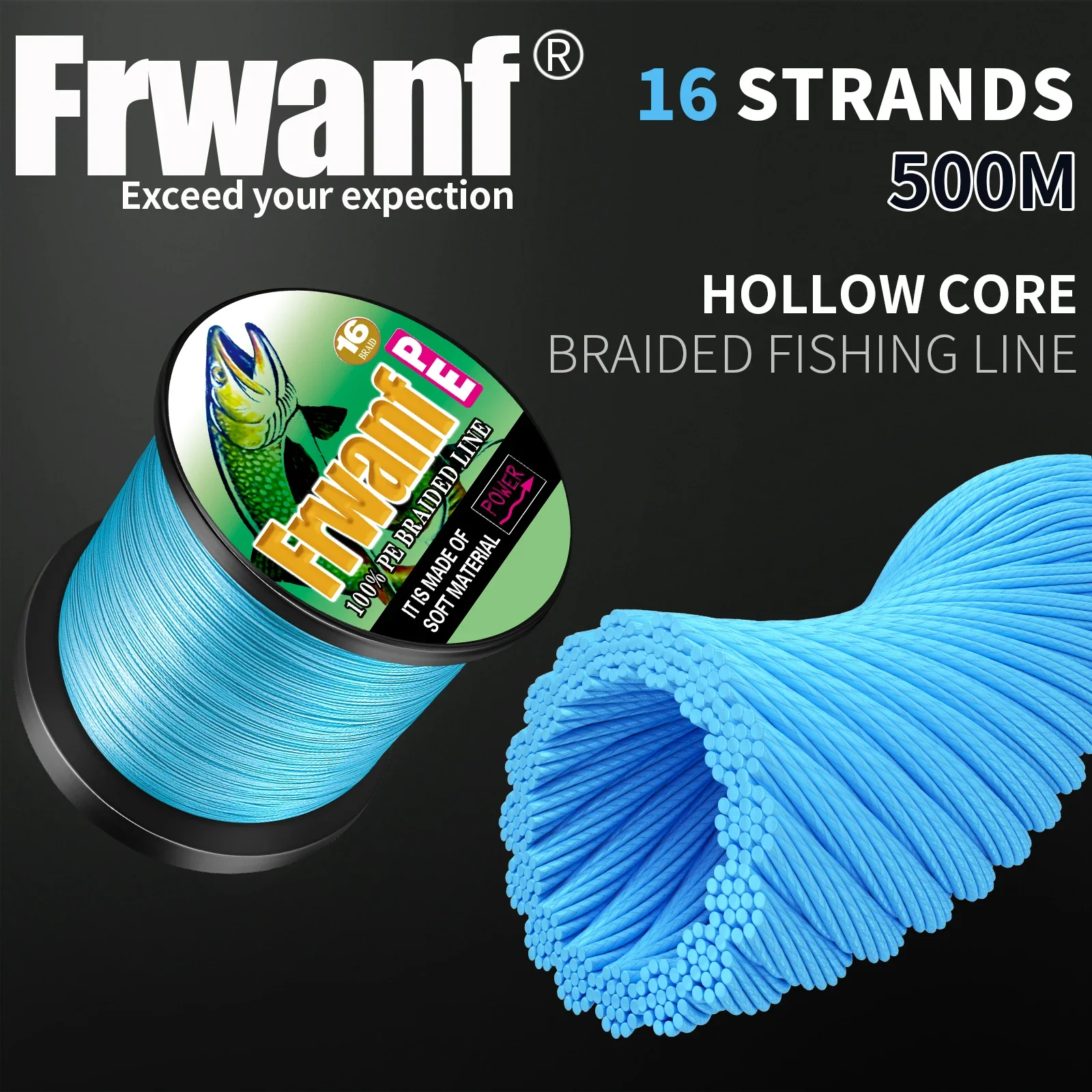 Frwanf-sedal de pesca trenzado de PE, 16 hebras, 500M, X16, núcleo hueco, extremadamente fuerte, trenzado japonés, 20 libras-500 libras, alambre de pesca de PE de agua salada