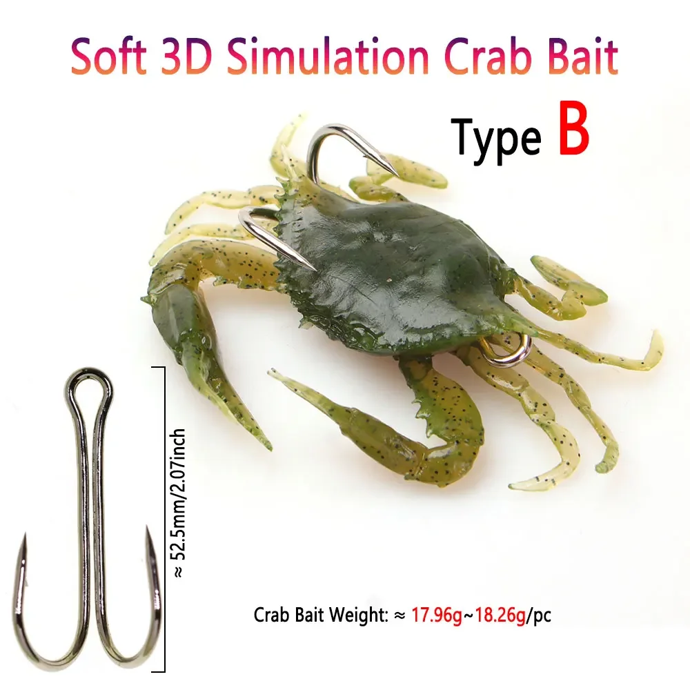 Bimoo 3PCS Soft 3D Simulation Crab Bait Artificial Soft Bait Crab Lure Bass Wrasse Cod Redfish Sea Fishing Duple Hook Tackle - imagen 5