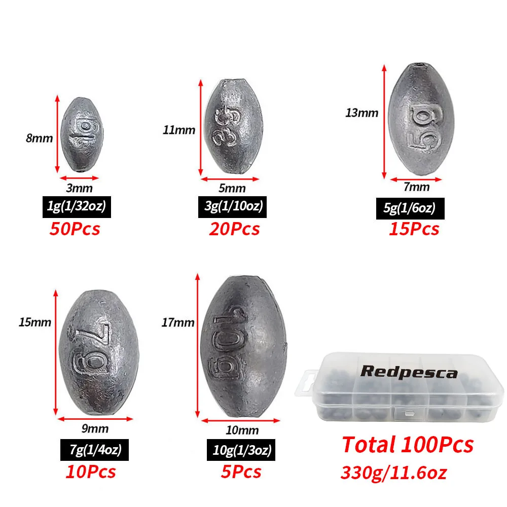 100/60/50 Uds pesas de huevo plomos de pesca para agua salada agua dulce lubina peso de pesca Kit de aparejos de plomo ovalado - imagen 2
