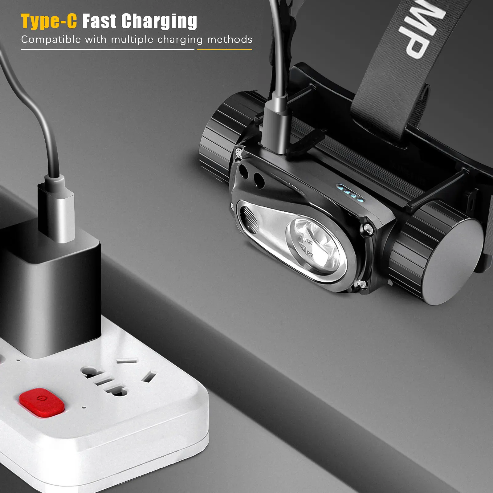 Faro LED con Sensor, Banco de energía tipo USB C, luz frontal para aventuras al aire libre, lámpara blanca, linterna Flash para montar, pescar y cazar - imagen 3