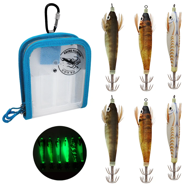 새로운 6pcs 낚시 미끼 빛나는 나무 새우 10cm/9g 오징어 지그 후크 글로우 에기 미끼 문어 Cutlefish 새우 하드 미끼 Pesca
