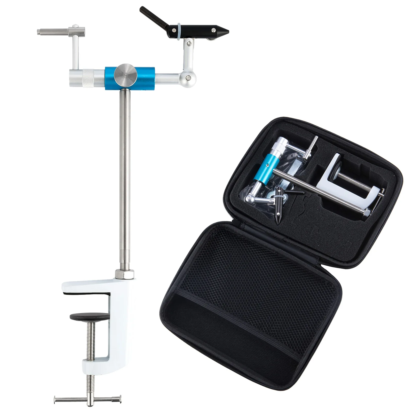 Tornillo de banco giratorio para atado de moscas, montaje de abrazadera en C de aluminio y acero inoxidable, mandíbulas duras de 40Cr, Material de herramienta para atar moscas de pesca, 360 grados - imagen 2