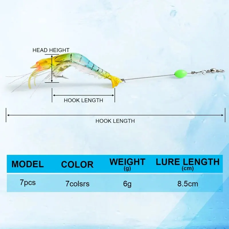 7 unids/lote señuelo de pesca suave de camarones 9cm/6g cebo Artificial con cuentas luminosas gancho giratorio señuelo de camarón realista cebo de pesca de carpa - imagen 2