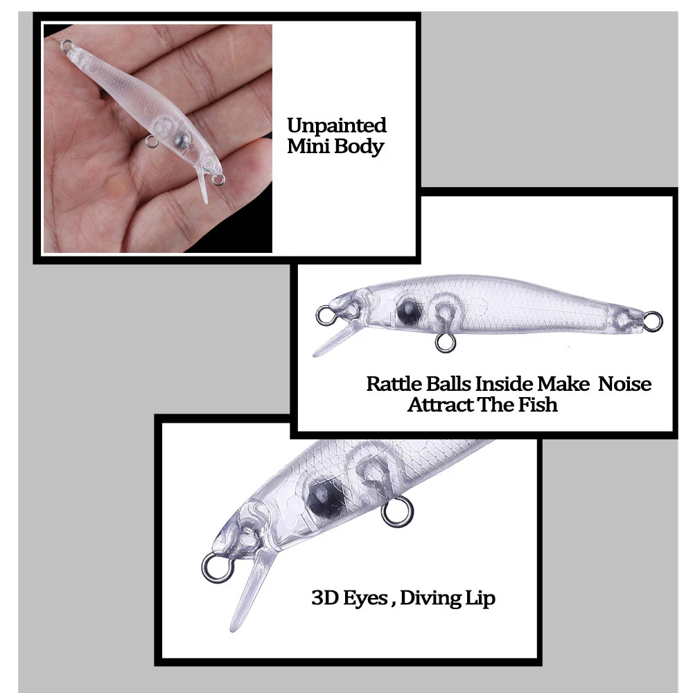 Chan'sHuang-Cebo en blanco sin pintar de 20 piezas, sonajeros flotantes de 60mm y 2,4g, Mini pececillo, aparejos de señuelo de pesca artificiales hechos a mano - imagen 5