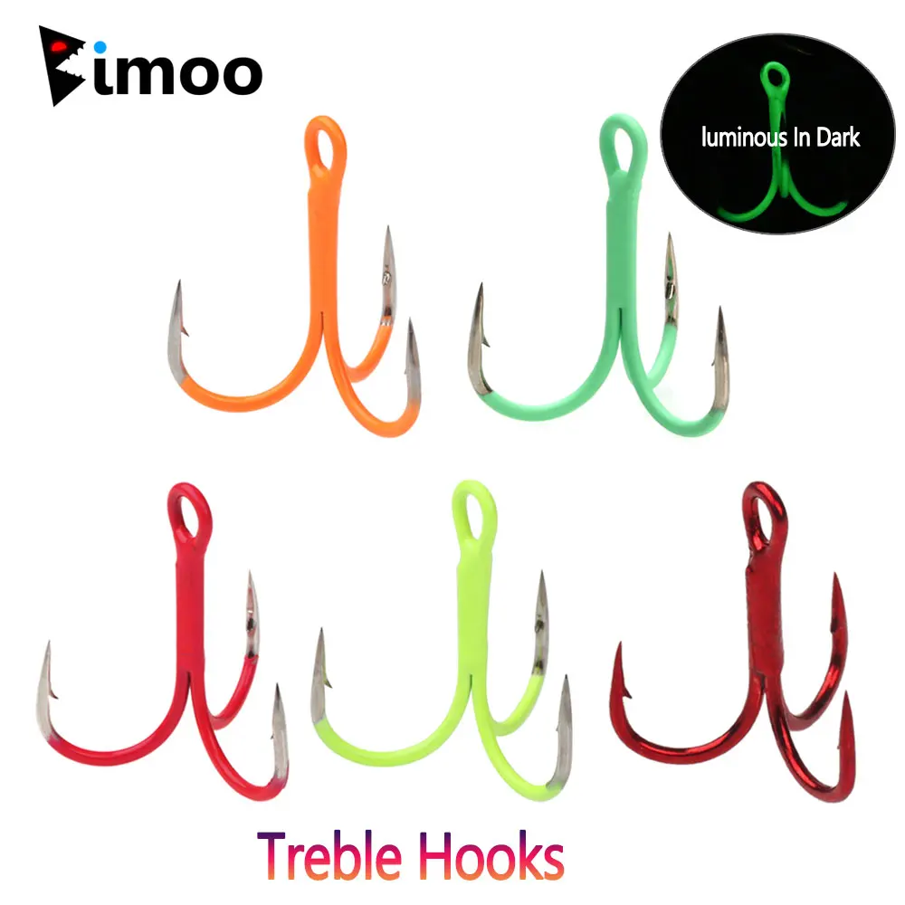 Bimoo, 10 Uds., anzuelos triples de acero rico en carbono, anzuelo triple fluorescente/luminoso, Señuelos de Pesca de agua dulce y salada, cebo de pesca