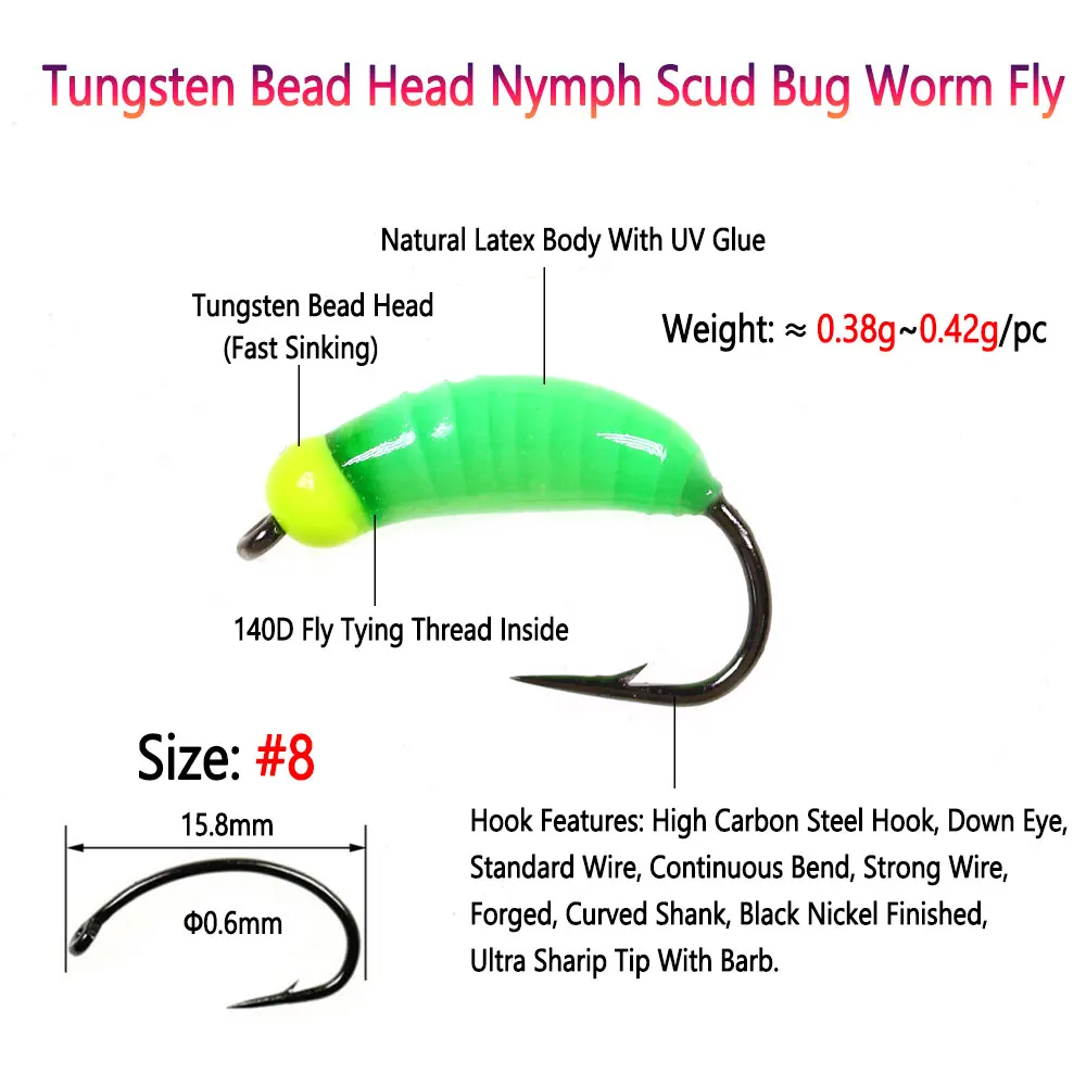 Bimoo 6PCS # 8 cuentas luminosas de tungsteno cabeza Ninfa Scud insecto gusano mosca Caddis larva insecto cebos de hundimiento rápido Señuelos de pesca de trucha - imagen 3