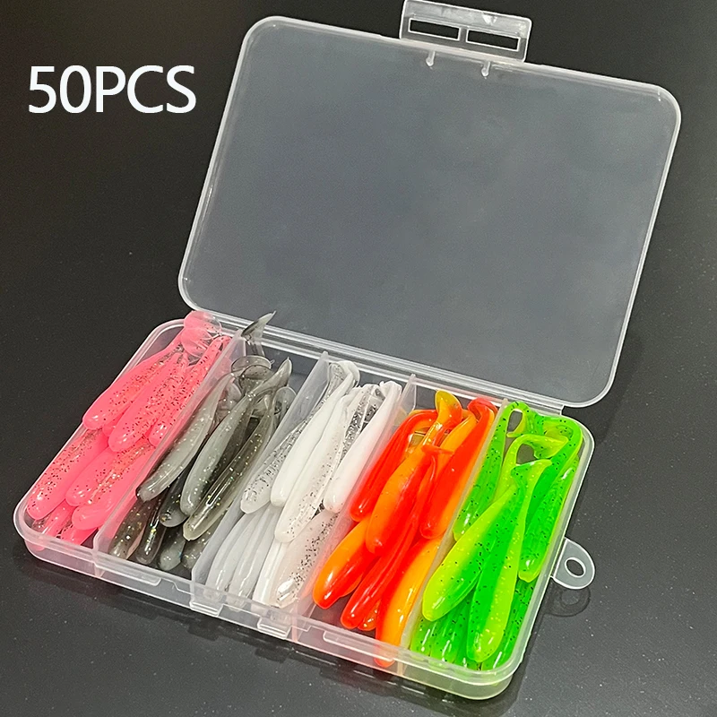 50 unids/caja suave T cola de paleta cebo de gusano 7cm 2,1g fácil brillo cebos blandos artificiales olor añadido para pesca de lubina Wobblers - imagen 2