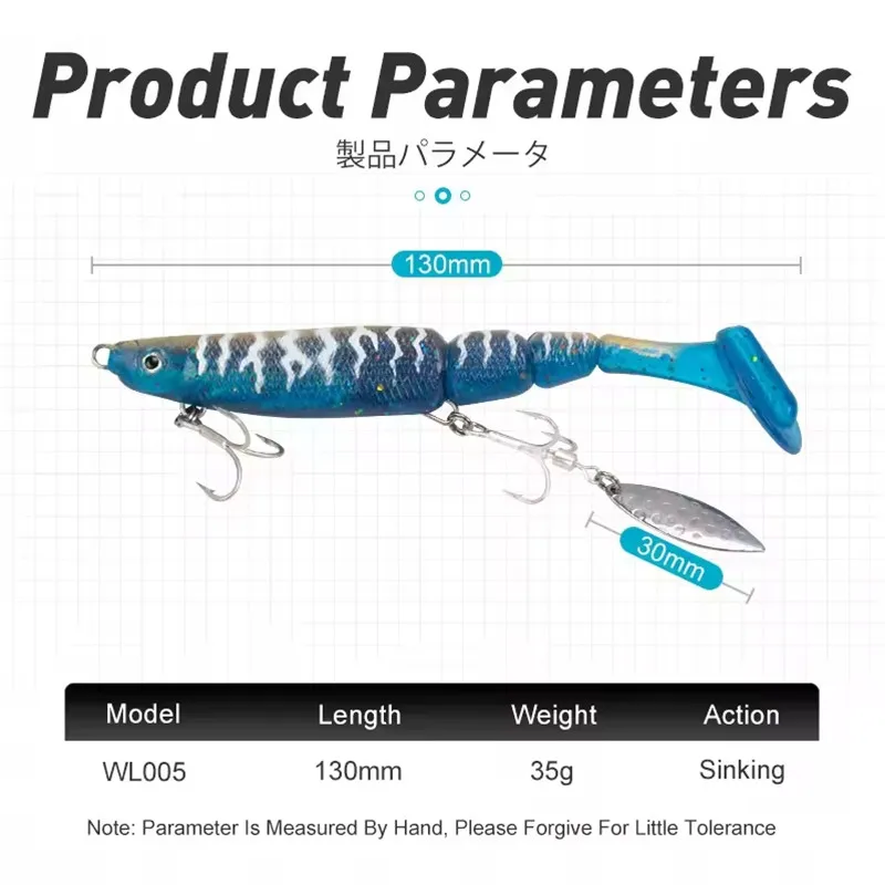 Señuelo de pesca multiinodal WL005, 35g, 130mm, Swimbait, anzuelo triple con cola en T de agua dulce, aparejos de plástico de silicona Barracuda - imagen 3