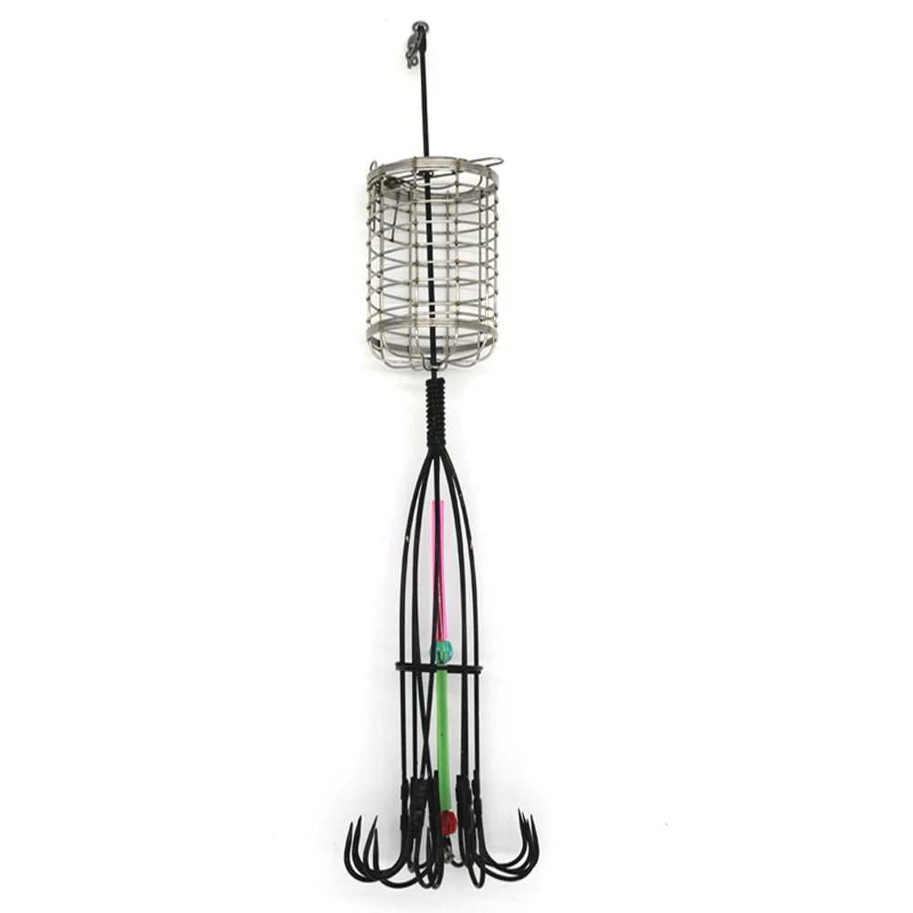 Anzuelo de pulpo atractivo de acero rico en carbono con jaula de cebo de Metal para alimentador de peces, 8 anzuelos de explosión para pesca de carpa - imagen 5