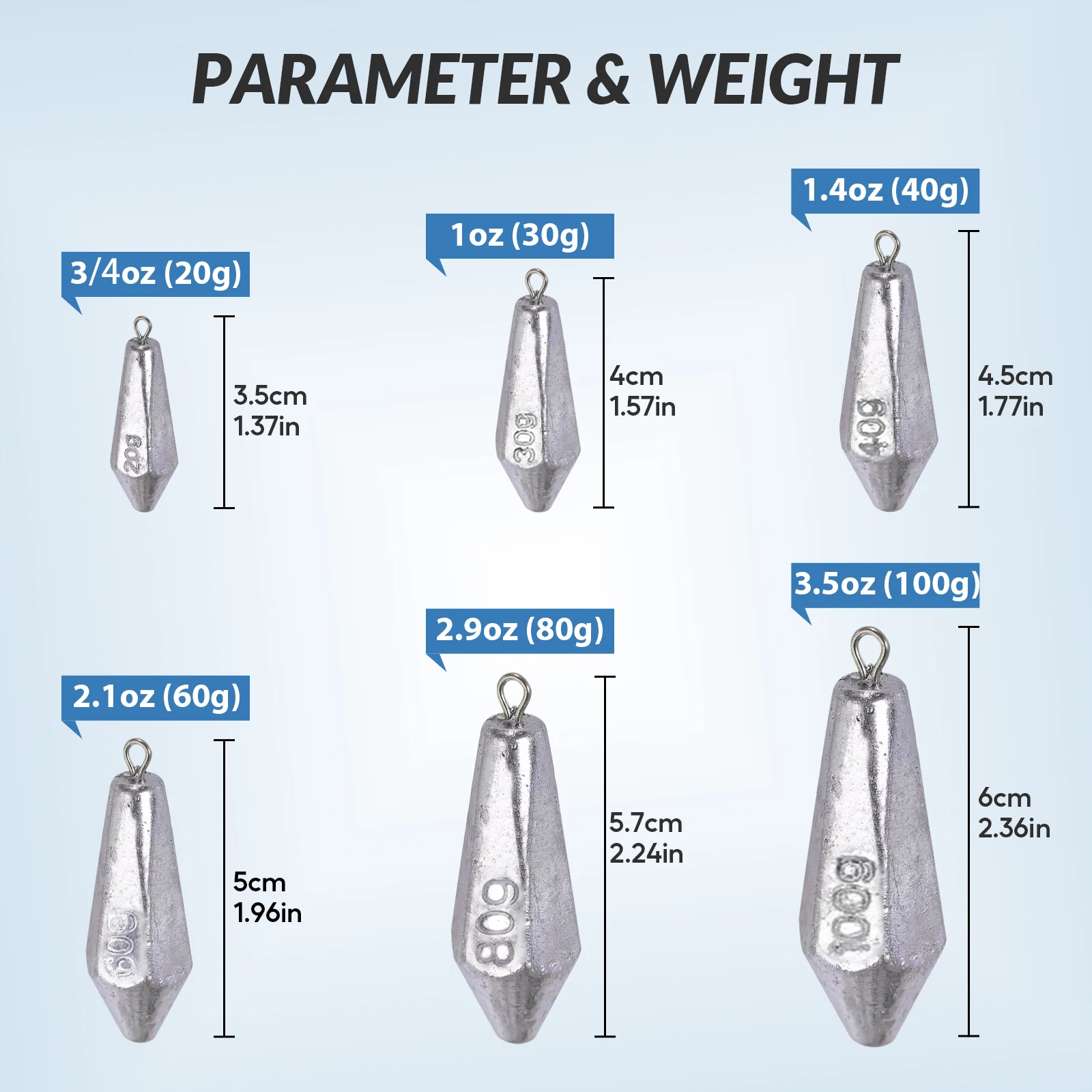 Kit de plomos de pesca de 100g, 6 uds., 20g-80g, pesos de pesca, forma Hexagonal, fundición, tiro de gota, peso largo y aerodinámico - imagen 2