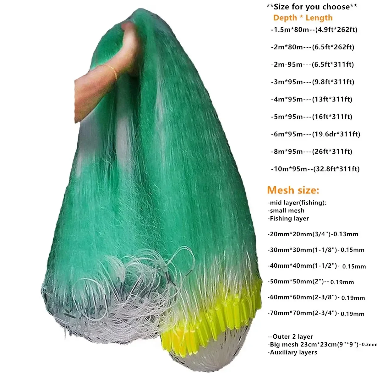 POUI COME DREAM Profundidad 1,5 m-10 m Monofilamento de nailon fuerte Tres capas Plomo Red de pesca Longitud 80 m-90 m Trammel Red de Pesca - imagen 2