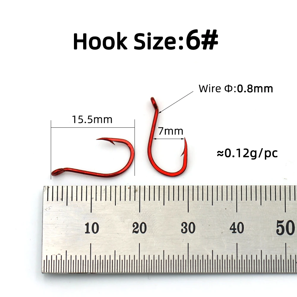 Ellllv 50 piezas 100 piezas # 6 anzuelos de pico de pulpo de tamaño pequeño de níquel rojo, anzuelos compensados de acero rico en carbono, aparejos Sabiki/mouches de pesca atados - imagen 4