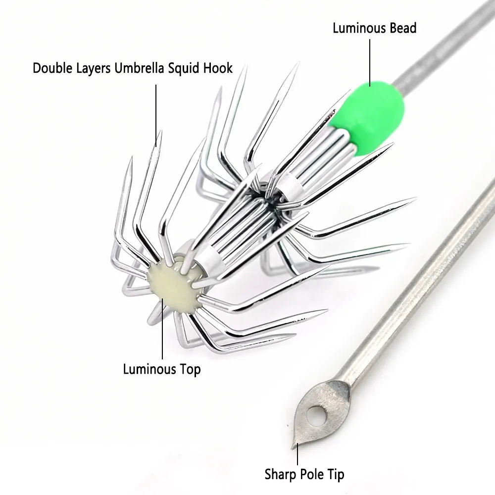 4 Uds. Gancho luminoso de acero inoxidable de doble capa para paraguas, anzuelo largo de calamar, anzuelo para sepia, camarones, calamares, pulpo, Señuelos de Pesca de Mar - imagen 3