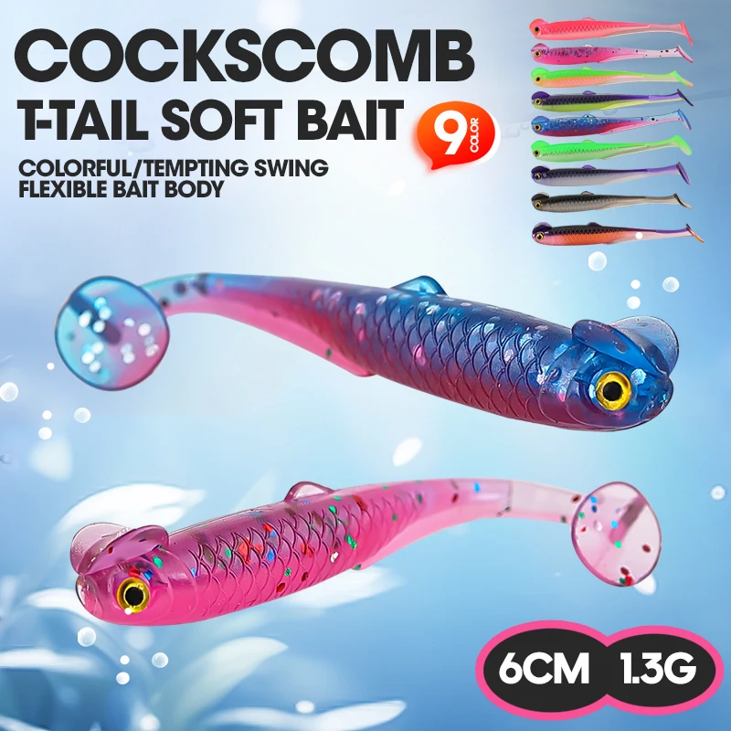 TAIYU-señuelo suave con cola en T coronada de pollo, 15 Uds., 6cm, 1,3g, goma bicolor, serie de agua poco profunda, cebo suave de pesca Artificial realista - imagen 2
