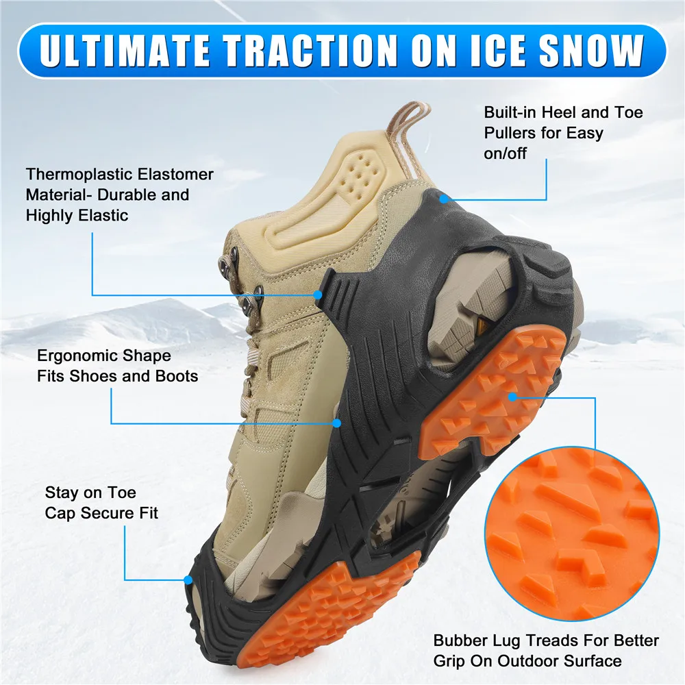 Tacos de hielo sin clavos, Crampones de tracción antideslizantes para nieve, zapatos sin cordones, chanclos para interiores y exteriores, banda de rodadura de goma ligera de pie completo - imagen 3