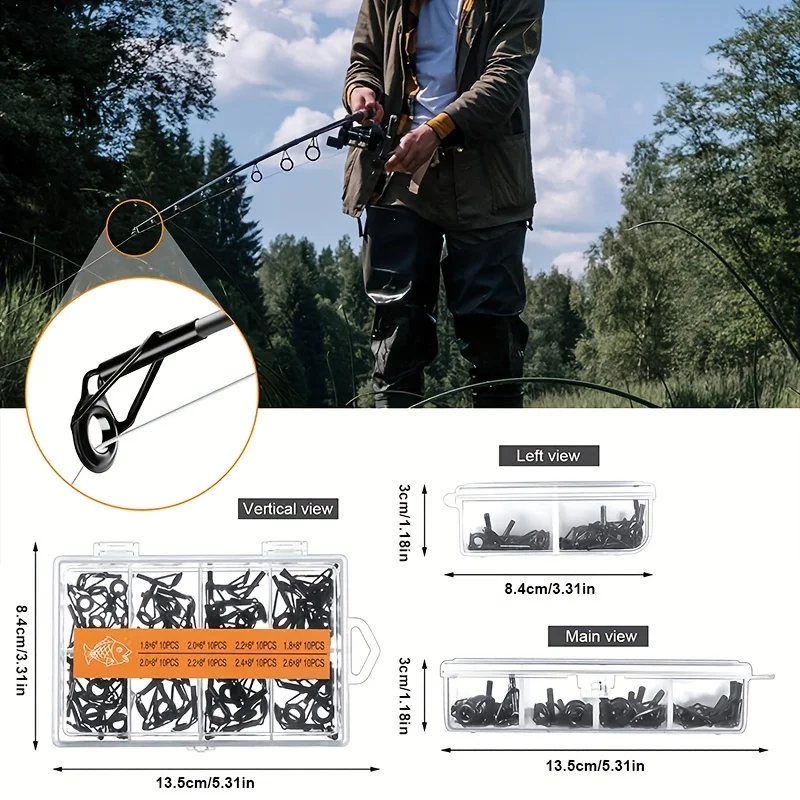80 unids/caja cerámica de acero rico en carbono caña de pescar guía punta anillo superior círculo guías de poste Kit de reparación Set 1,8mm 2,0mm 2,2mm 2,6mm S3 - imagen 4