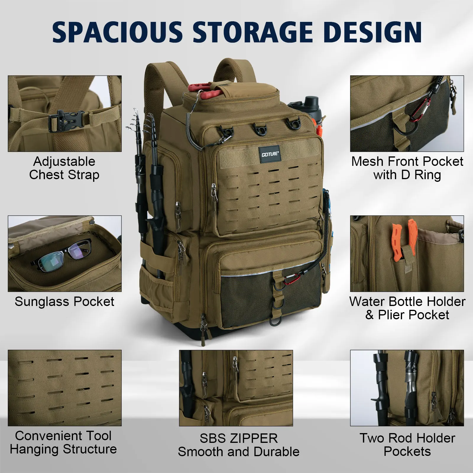 Goture-mochila de pesca multifuncional, bolsa de aparejos con soportes para caña, almacenamiento de equipo de pescado, bolsa para deportes al aire libre y acampada, 55x36x28cm - imagen 4