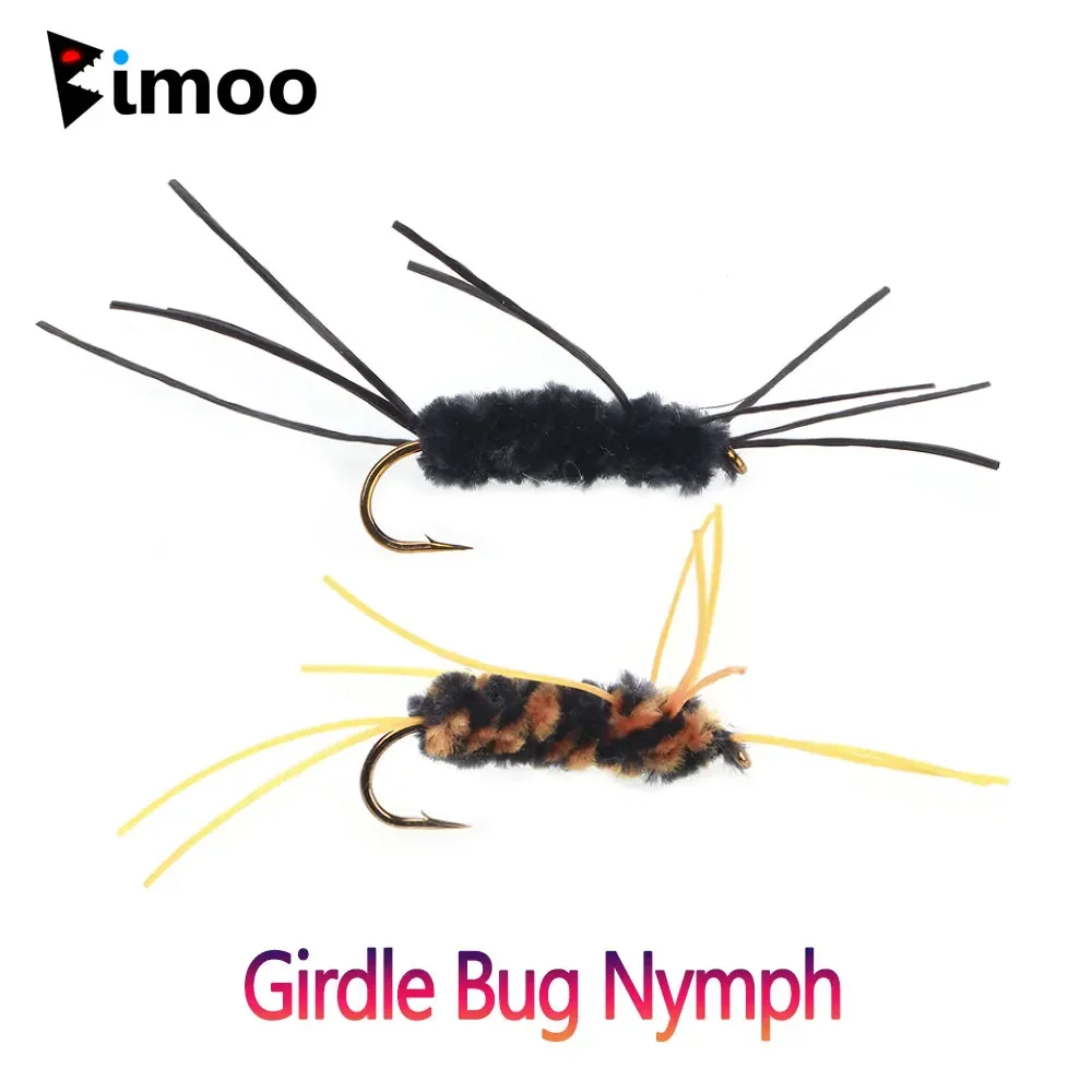 Bimoo 6PCS # 8 faja Bug Ninfa patas de goma Stonefly Ninfa chenilla sintética gusano lanudo mosca para pesca de trucha cebos