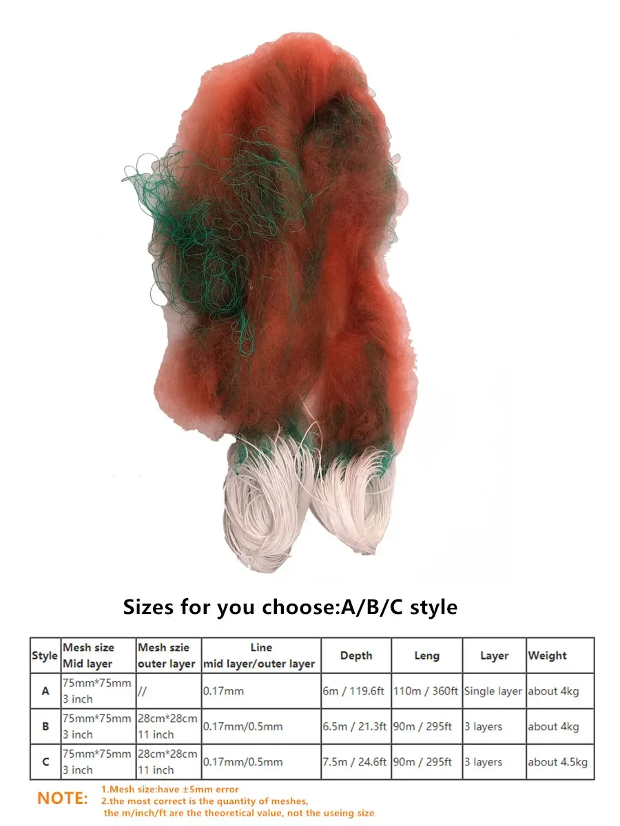 Red de mar de cangrejo semiacabado de 90m-110m, profundidad de 6m-7,5 m, red de pesca súper resistente, red de pesca de 3 capas, red de agua dulce de una sola capa - imagen 3
