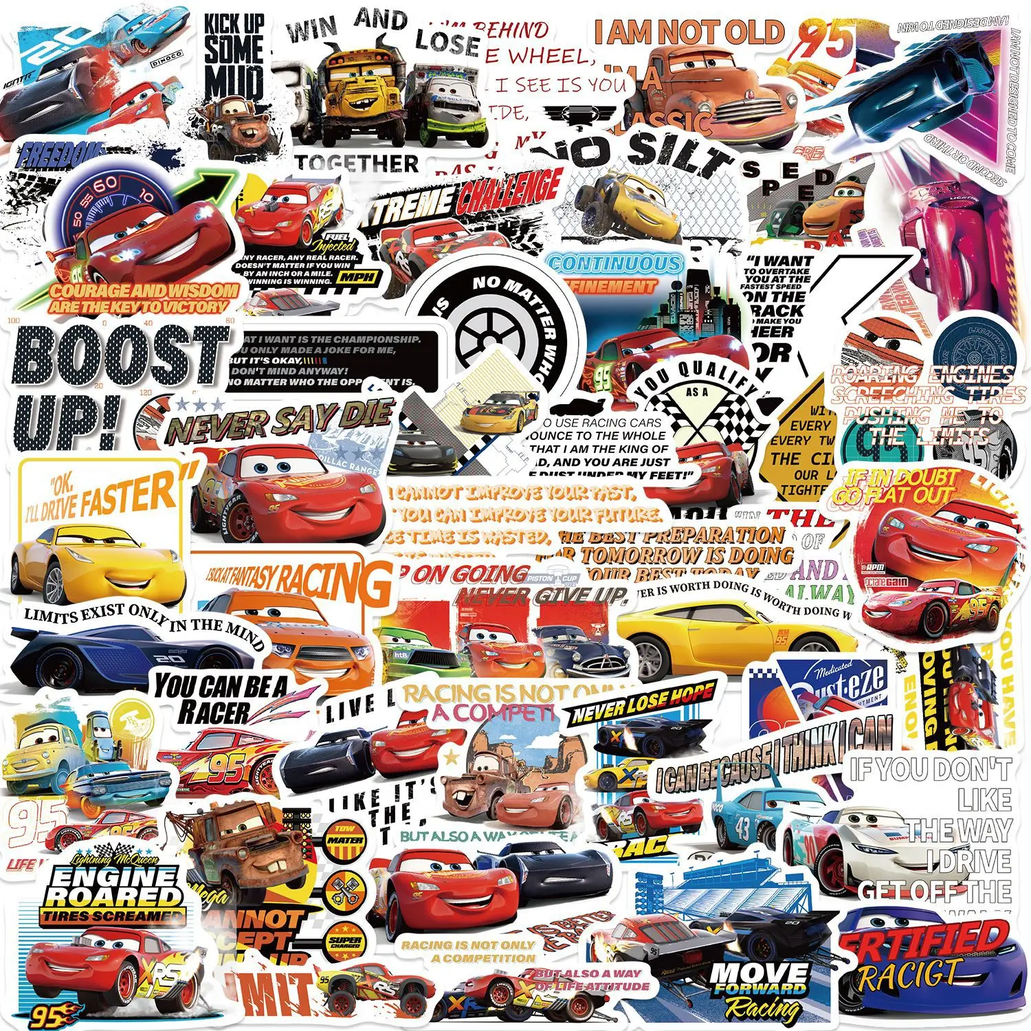 50 STKS Disney Cars Citaat Lightning McQueen Stickers Waterdichte Graffiti Telefoon Laptop Bagage Notebook Cartoon Stickers Kinderen Speelgoed