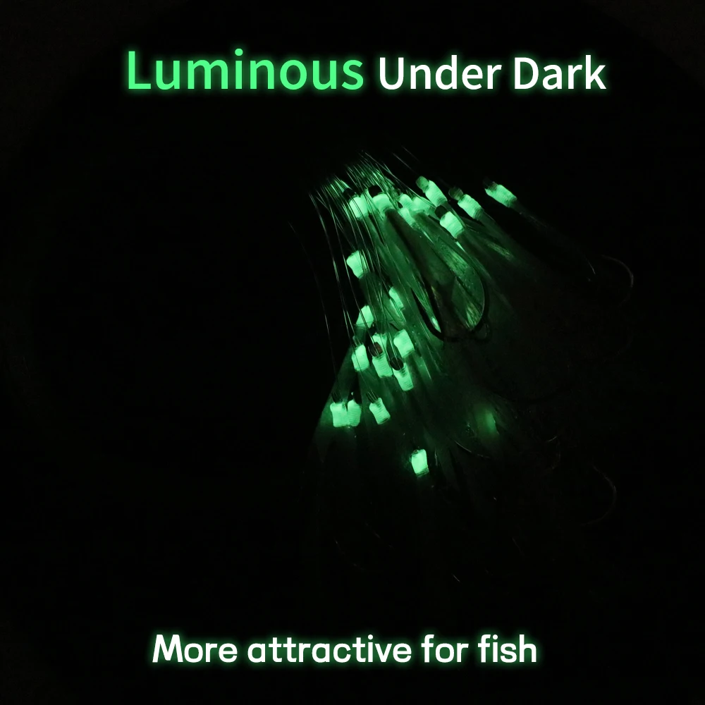 Elllv 50 piezas 6 #   -28 #   Aparejos Sabiki de piel de pescado Pre atados, línea de monofilamento, caballa de agua salada, pesca de arenque, anzuelo luminoso - imagen 5