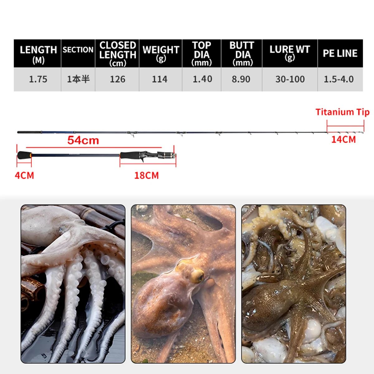 Caña de pescar para la caña de jigging de 1,75 M, caña de jigging de potencia dura, caña de punta de titanio potente para bote de pulpo de alta calidad - imagen 2