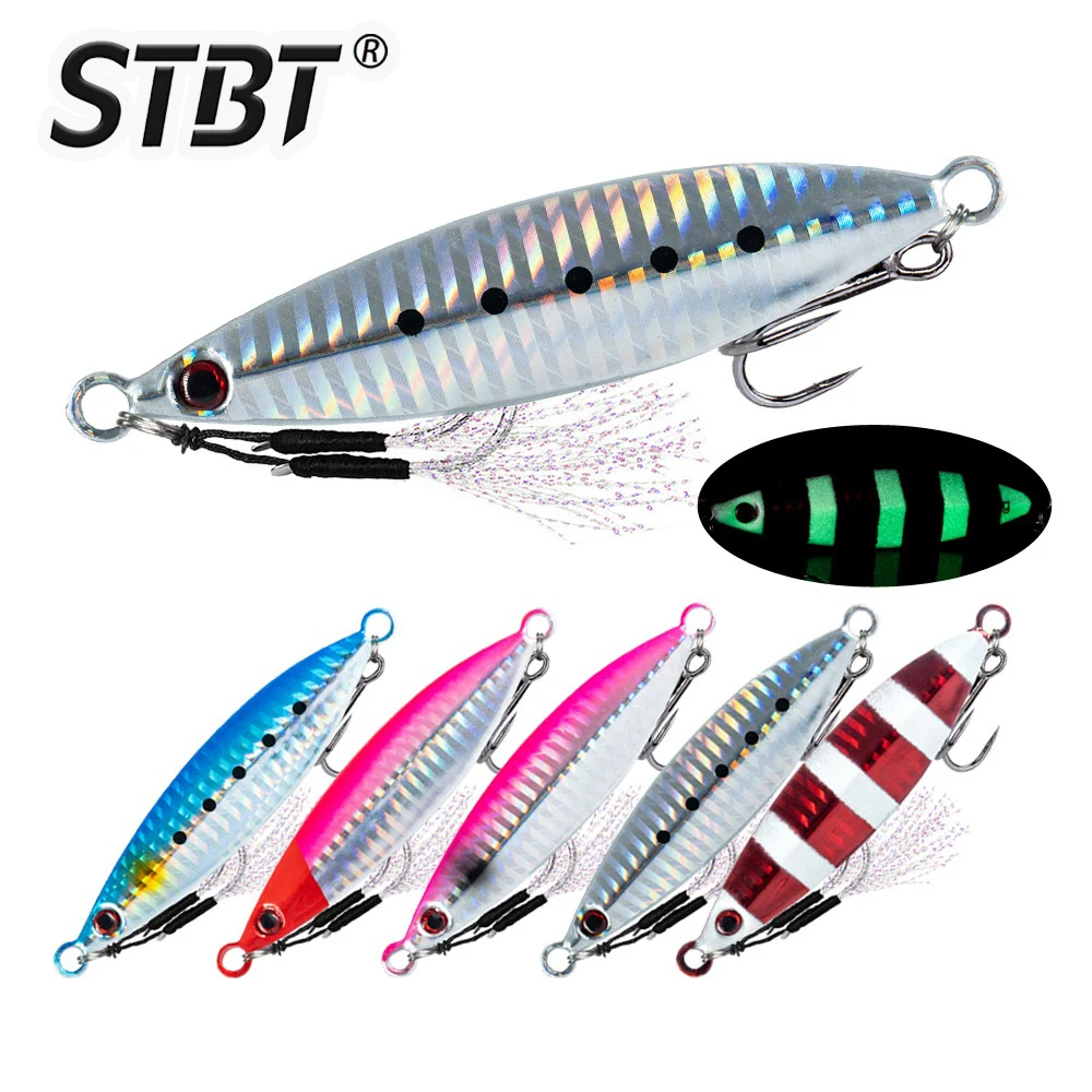 STBT-señuelo de pesca con plantilla de Metal, cebo de pesca láser luminoso de hundimiento lento con anzuelo triple y anzuelo auxiliar para lubina, 10G-60G