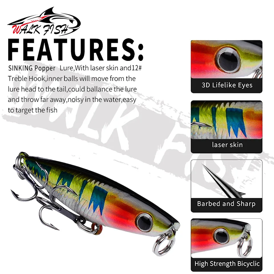 WALK FISH-señuelo de pesca de superficie lápiz que se hunde, cebo duro Artificial para agua salada, andador de lubina de plástico, 47mm, 2g, 1 unidad - imagen 4