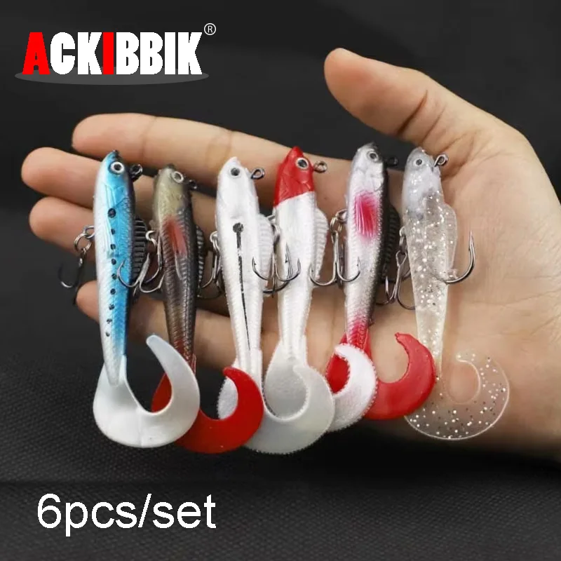 Ackibbik, 6 uds., Jig Head, Swimbait suave para pesca de lubina, Wobblers de silicona suave, Señuelos de pesca con cola de natación, cebo Artificial - imagen 5