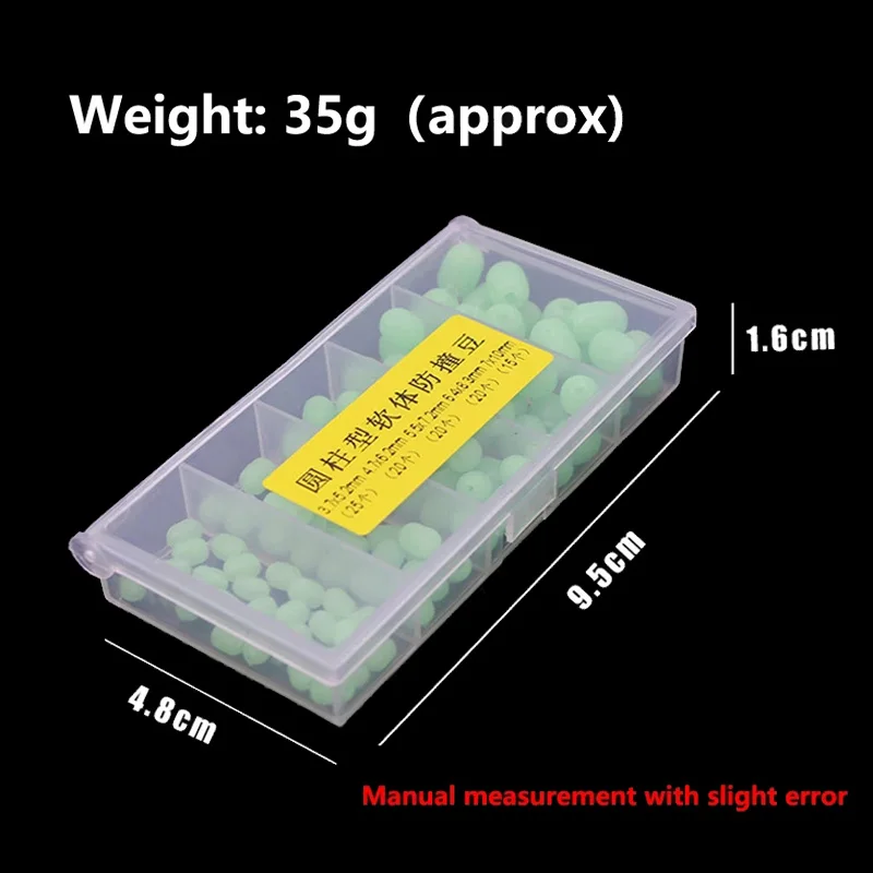 Cuentas cilíndricas de goma suave para pesca en el mar, traje de frijol anticolisión para Sabiki, aparejo de señuelo pargo, verde luminoso, 5 tamaños, 100 unids/lote por caja - imagen 5