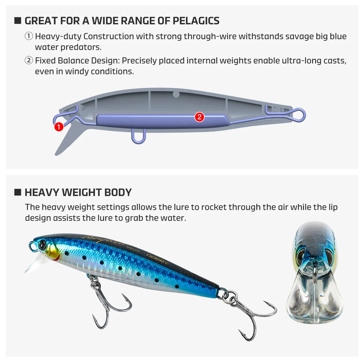 NOEBY pececillo de hundimiento pesado 95mm 42g 95HS Wobbler Shore lanzamiento en alta mar cola amarilla atún agua salada gran juego pesca señuelos duros - imagen 5