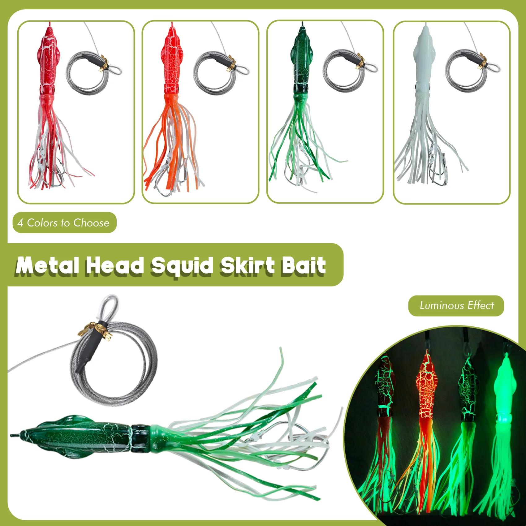 Plantilla de falda de calamar luminosa con cabeza de Metal de alta resistencia con líder de alambre, señuelo de pesca de calamar que brilla en la oscuridad, cebo de curricán de agua salada para - imagen 2