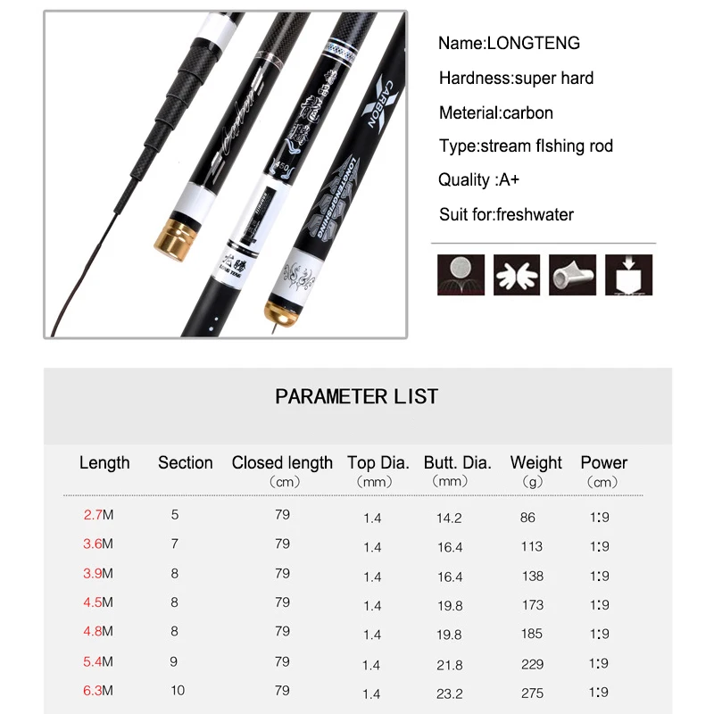 Goture-caña de pescar telescópica de fibra de carbono, 2,7 m-6,3 m, 1:9, ultraligera, para carpa, agua dulce - imagen 2
