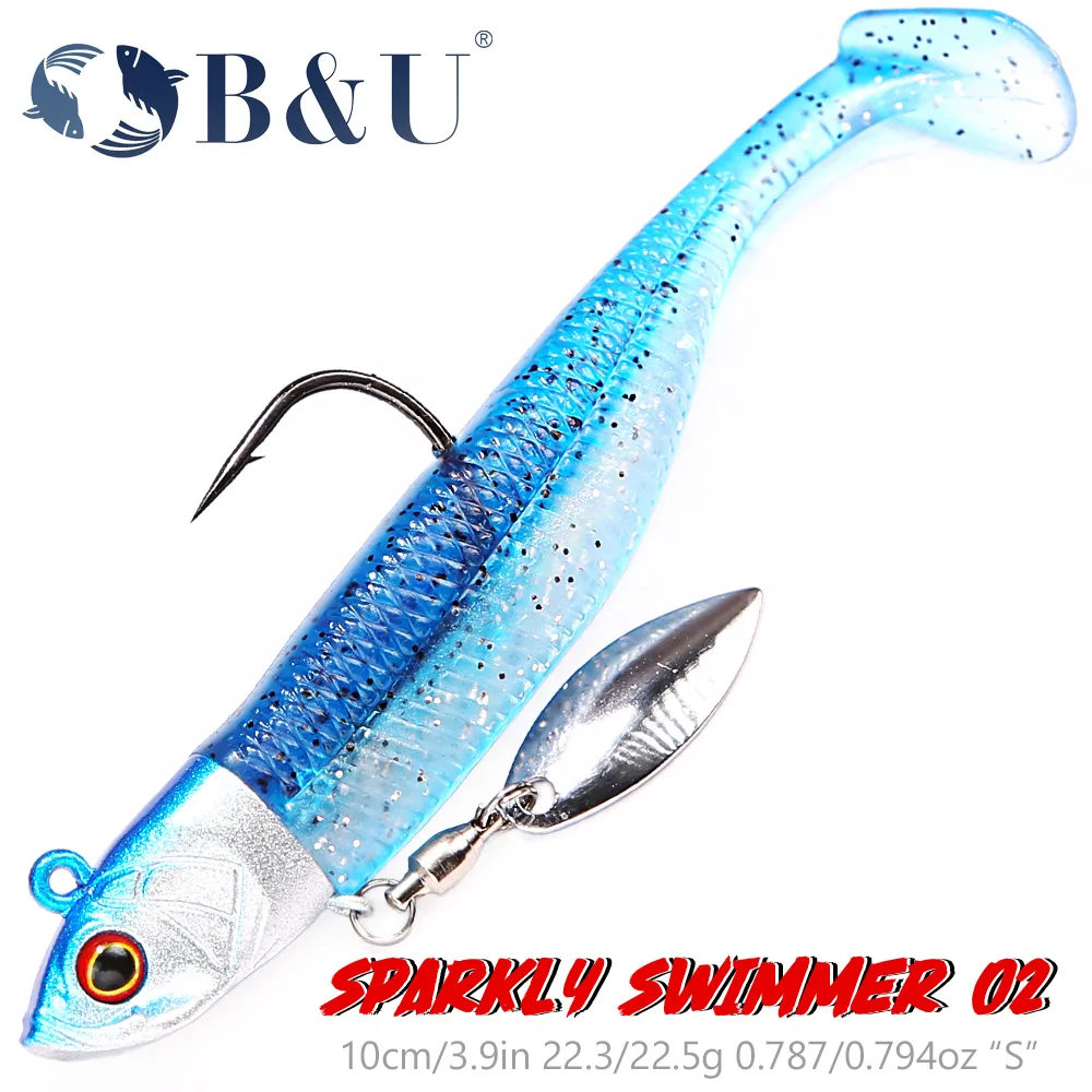 B & U-señuelo de pesca suave con cabeza de anzuelo giratorio, anzuelo triple, cebo Artificial para pececillo, equipo de aparejos de natación para lubina de agua salada