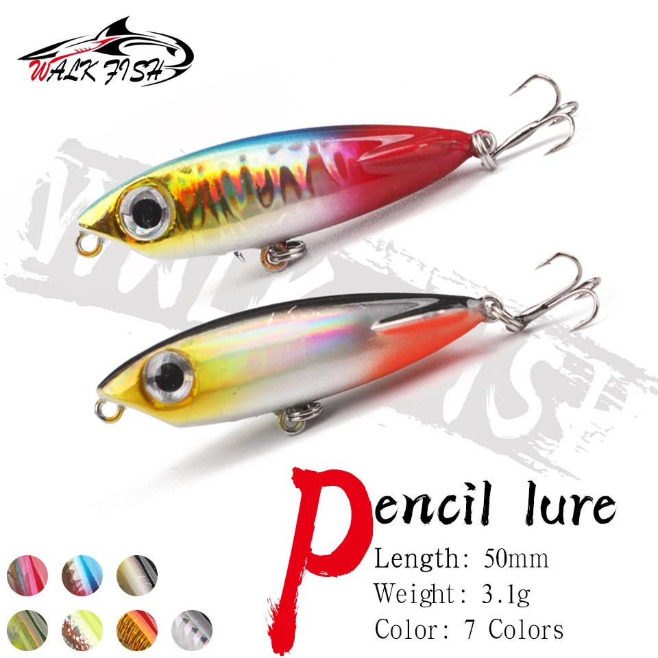 WALK FISH 1 Uds 50mm 3,1g lápiz de perro señuelo de Pesca flotante ojos 3D anzuelo triple Wobblers señuelo duro cebo aparejos de Pesca