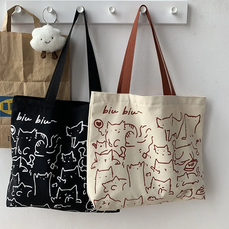 Bolsos de lona, bolso de mano para mujer, bolso de mano con bonito gato y cremallera, bolso de diseñador, bolsos de hombro pequeños de dibujos animados de estilo japonés - imagen 2
