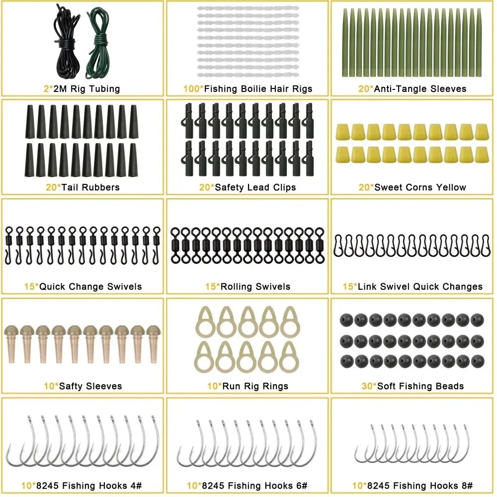 Equipo de pesca de carpa, Kit de caja de aparejos, ganchos de carpa, giratorios de cambio rápido, Clips de seguridad, mangas de goma, accesorios de aparejo de pesca, 307 Uds. - imagen 3