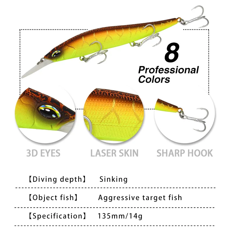 Señuelo duro Artificial para pesca de agua dulce, placa de lengua larga, cebo falso biónico que se hunde, 13,5 cm, 13,9g - imagen 3