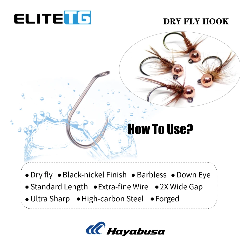 Elite TG 100PC anzuelos para atar moscas, pesca con mosca, anzuelo sin púas de alto carbono, plantilla ancha para espiga, anzuelos para moscas Caddis húmedos y secos, señuelo para trucha - imagen 3