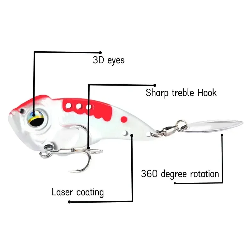 Señuelo de pesca de Metal VIB, 55mm, 13g, cebo duro de vibración con rotación de 360, girador de cola, ojos 3D, anzuelo afilado, aparejos de pesca - imagen 2