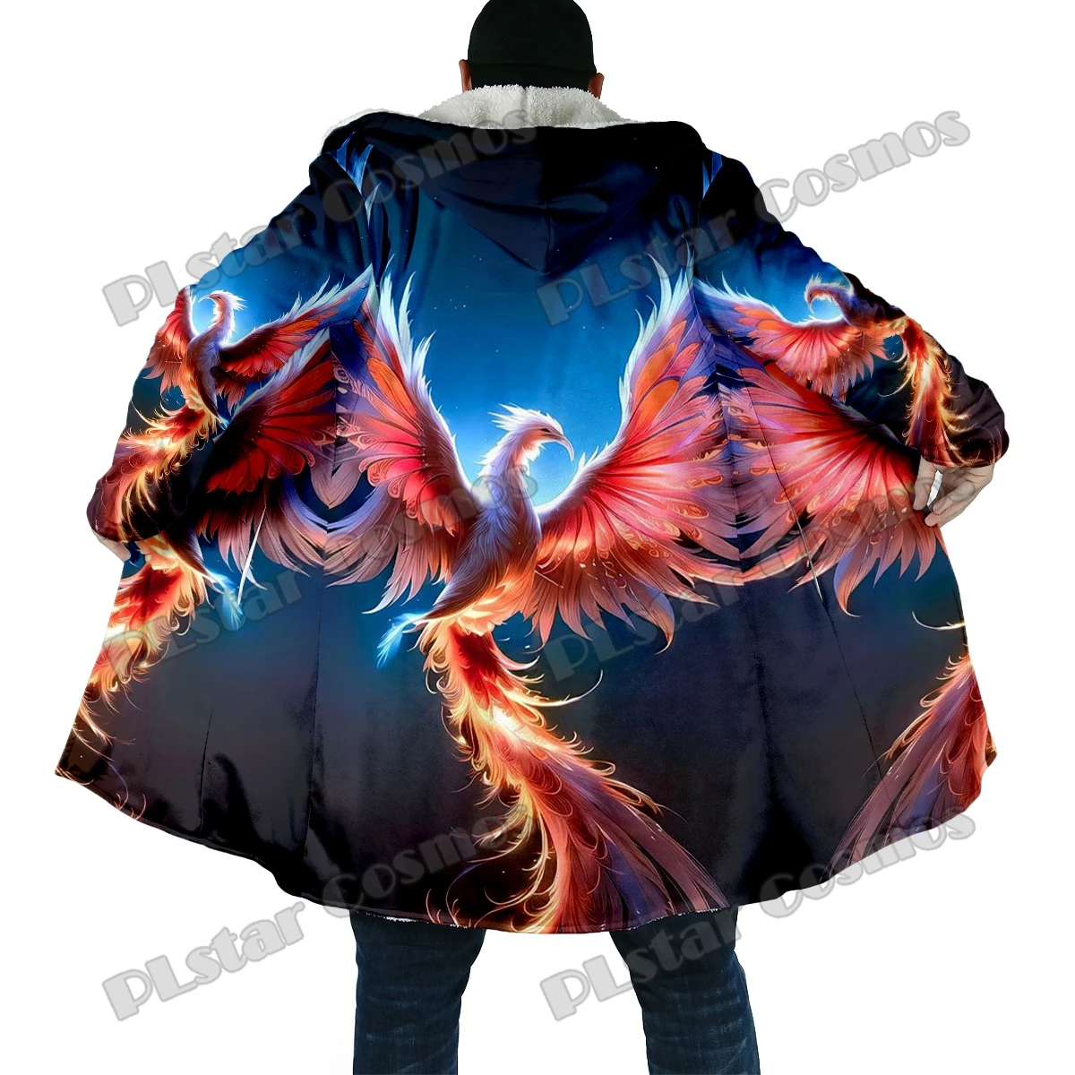 2025 capa de moda de invierno para hombre, patrón Retro de Fénix, capa con capucha de lana gruesa con estampado 3D, capa cálida informal Unisex DP40 - imagen 3