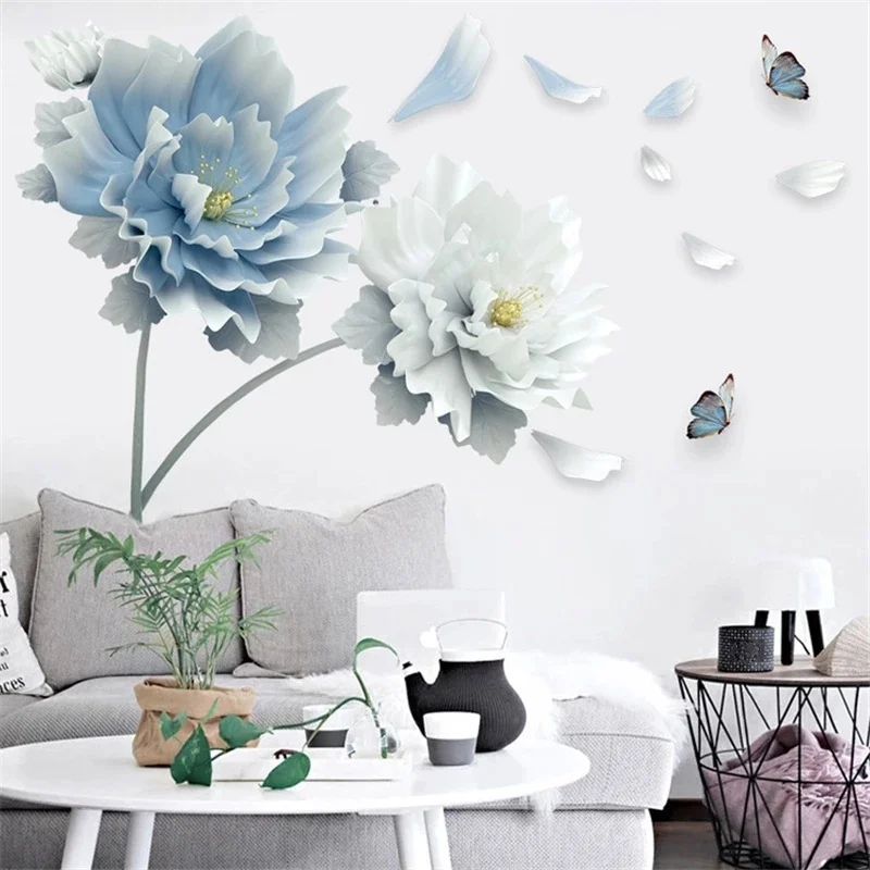 Pegatinas de pared extraíbles de mariposa y loto, flor blanca y azul grande, calcomanías artísticas de pared 3D, decoración del hogar, arte Mural para sala de estar y dormitorio - imagen 3