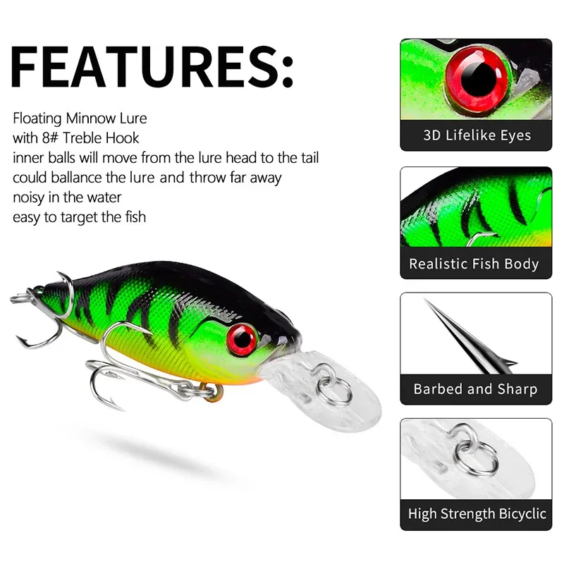 Señuelos de pesca con manivela, Wobblers flotantes, 7cm, 7g, cebo duro de plástico Artificial, Crankbaits para trucha, Lucio, pececillo, aparejos de pesca, 1 ud. - imagen 4