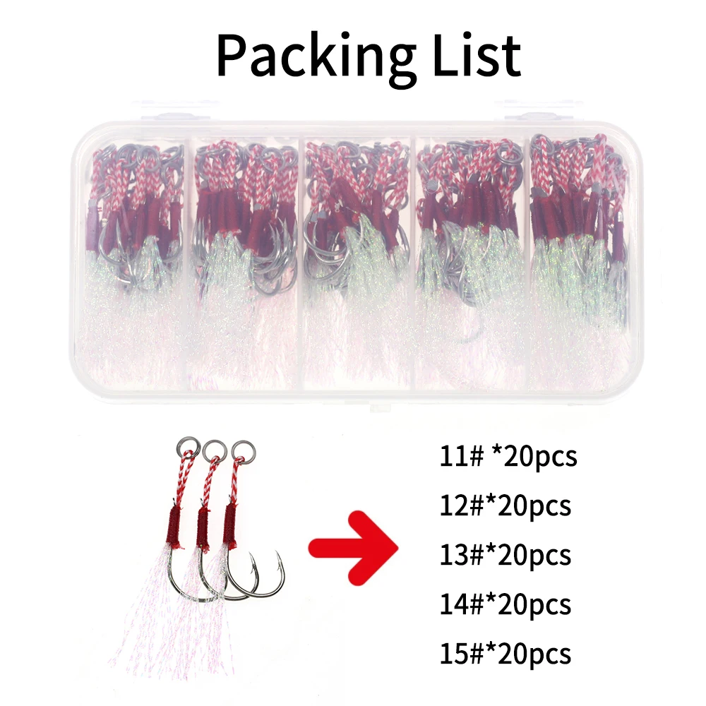 Elllv-anzuelo de ayuda para Jigging lento, plantilla fundida de púas individuales con plumas, señuelo de pesca de lubina, 5 tamaños mezclados, 100 unids/lote por caja - imagen 4