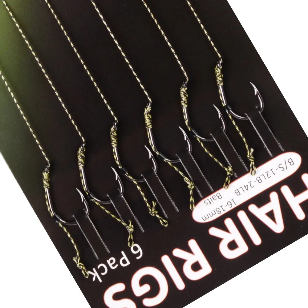 Aparejo de pelo de pesca de carpa, hilo trenzado, línea líder con extensor de pelo, tapones de cebo, ganchos giratorios, mangas, 6 piezas