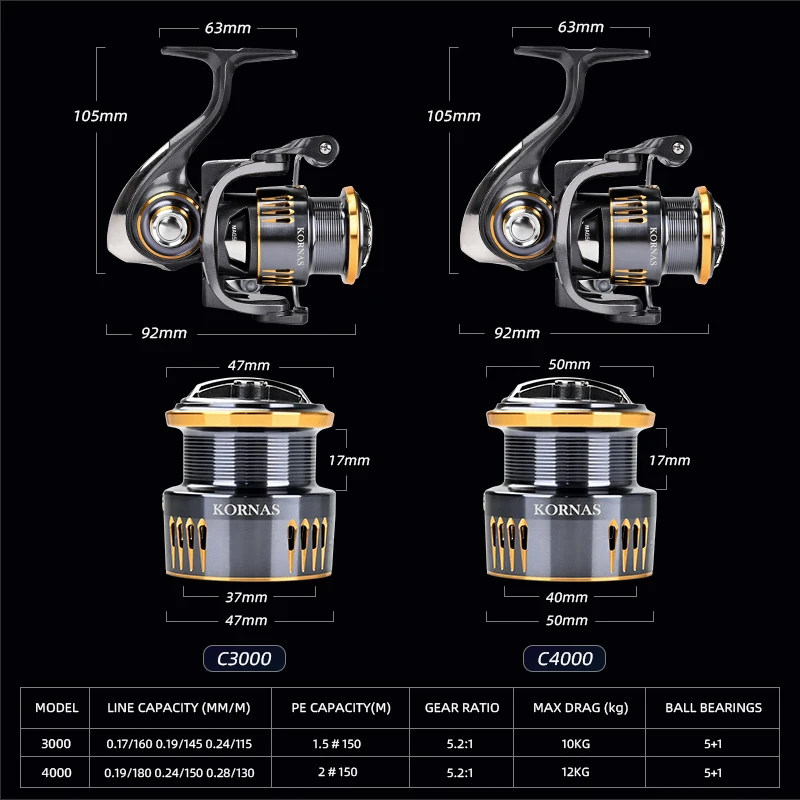 MEREKING serie KORNAS rodamiento suave y sin óxido 5 + 1 rodamientos 5,2: 1 relación de engranaje 12kg bobina de pesca de rueda giratoria de arrastre máximo - imagen 2