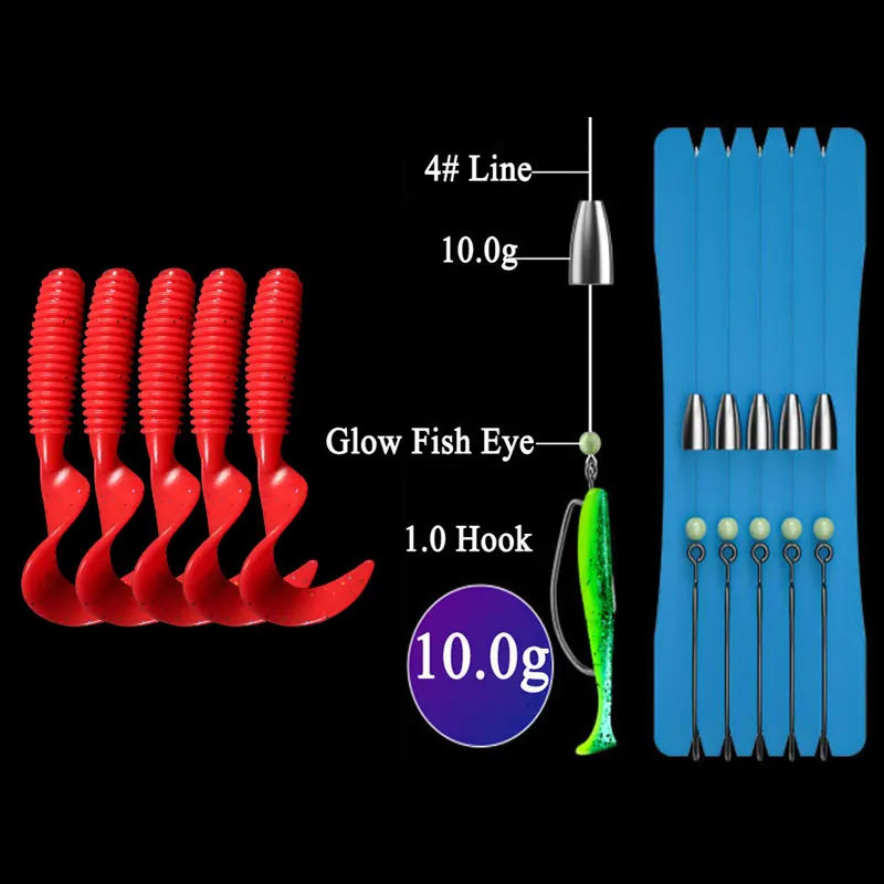 Conjunto de anzuelos Texas Rig, cebo suave, Kit de aparejos de pesca, bala con lentejuelas, colgante de plomo, combinación de anzuelos, lote de 5 unidades - imagen 3