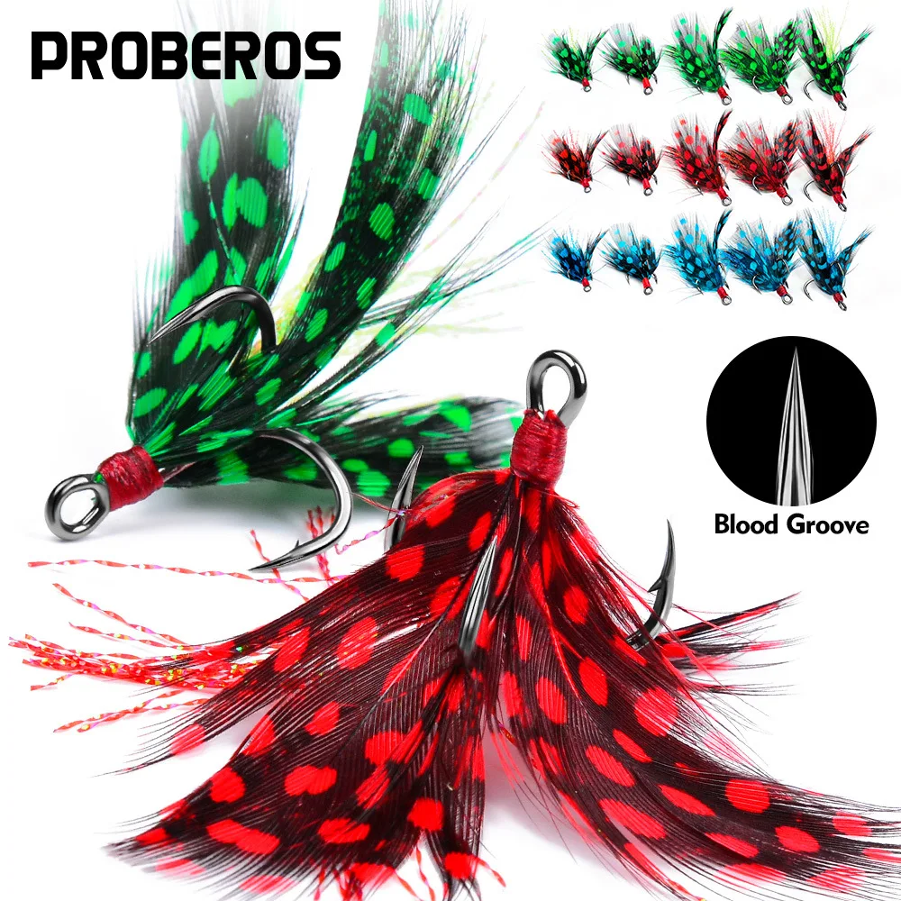 10 ganchos triples de asistencia con plumas # 2-10 Pesca con mosca anzuelo de púas individuales con plumas Señuelos de Pesca de lubina accesorios de Pesca