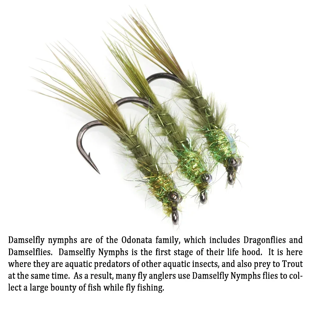 Wifreo-SEÑUELOS DE PESCA DE 6 piezas, Ojo de cadena, marabú, oropel trasero, Mosca, trucha, ninfas, Damselfly, #12 - imagen 5