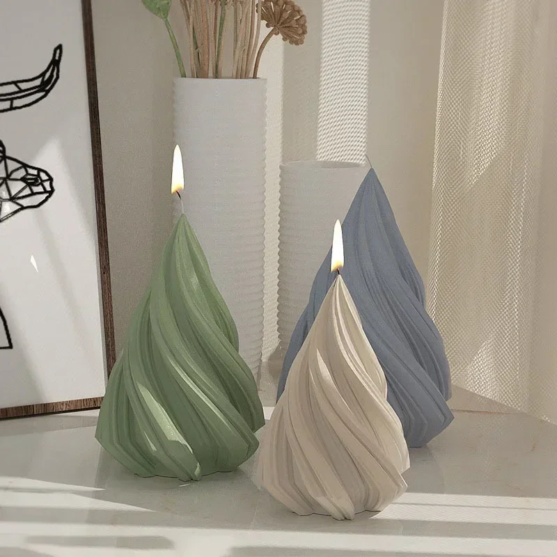 LSLANSOON-Molde de vela Irregular cónico 3D, molde de vela con raya en espiral abstracta de silicona, decoración giratoria, molde de vela para árbol de Navidad - imagen 3